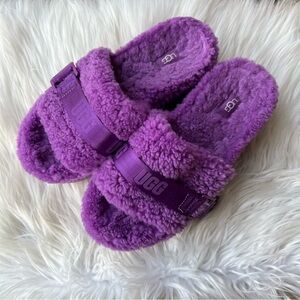 UGG Purple Sherpa Lined Buckle Logo Open Toe Slip On Platforms Slippers